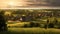 Background with trees and villages. Houses at sunset light