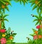 Background with tropical plants and parrots