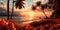 Background with a tropical setting, featuring palm trees, exotic flowers, and a sunset on the beach. Generative AI