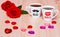 Background with two coffee cups, hearts and rose flowers