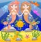 background with an underwater world in a children\\\'s style. A mermaid is sitting on a rock