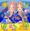 background with an underwater world in a children\\\'s style. A mermaid is sitting on a rock