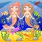 background with an underwater world in a children\\\'s style. A mermaid is sitting on a rock