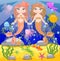 background with an underwater world in a children\\\'s style. A mermaid is sitting on a rock