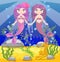 background with an underwater world in a children\\\'s style. A mermaid is sitting on a rock