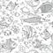 Background underwater world. Seamless pattern with cute fish, shells, corals.