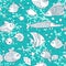 Background underwater world. Seamless pattern with cute fish, shells, corals.