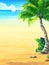 Background vacation with sun, sea, sky, palm trees, beach, boat