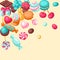 Background with various candies and sweets. Confectionery or bakery stylized illustration.