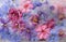 Background of violet,  balsamine, geranium, chicory succory flower   frozen in ice