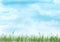 Background watercolor illustration, blue sky with green meadow