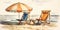 background watercolor rest relax ocean beach umbrella vacation summer resort chair. Generative AI.