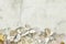 Background of white and bight semi-precious stones on marble background.