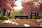 Background. Wooden surface on the background of sakura trees and a bench. AI generative