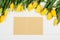 Background with yellow tulips, blank notepad on white wooden table