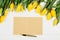 Background with yellow tulips, blank notepad on white wooden table