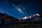 Backgrounds night sky with stars and milky way over the snow- capped mountains at south island