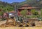 Backhoe excavating earth in a construction site