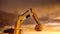 Backhoe working by digging soil at construction site. Closeup hydraulic arm and bucket of backhoe with scoop of soil against