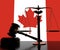 Backlit judge gavel and scales on flag of Canada background, 3d rendering