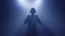 Backlit silhouette of dj man standing in dark nightclub disco, putting headphones on to listen music