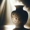 Backlit vintage Chinese porcelain vase on wooden table, patterns, moody room, silhouette against light beams, mysterious