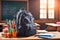 Backpack bag and school supplies on the wooden table, blurred background.