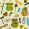 Backpack camp vector backpacking travel bag with tourist equipment in hiking camping and climbing sport knapsack or