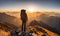 Backpack-clad traveler standing atop a mountain, overlooking a panoramic vista in the late afternoon