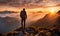 Backpack-clad traveler standing atop a mountain, overlooking a panoramic vista in the late afternoon