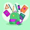 Backpack, green briefcase with school supplies. Autumn. Back to school. Calculator, notebook