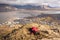 Backpack hiking. View over Longyearbyen and Isfjorden, the second longest fjord in the Norwegian archipelago of Svalbard.