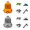 Backpack, mountains, map of the area, binoculars. Camping set collection icons in cartoon,monochrome style vector symbol