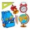 Backpack packed with school items, alarm clock, globe and bell