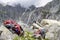 Backpack and ropes hiking around adamello park, glacier, Alps