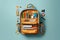 Backpack with school accesories isolated against blue background