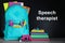 Backpack with school stationery and text Speech Therapist on chalkboard