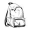 Backpack sketch. Hand drawn rucksack, sketch style vector illustration. Single, isolated on white.