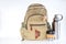 Backpack with stainless steel plastic free reusable water bottle, reusable glass coffee cup, rope jute hemp linen cord.