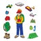 Backpacker and accessories set isolated illustration