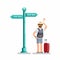 Backpacker guy standing front road sign board in street confusing choose way. tourist travel guide symbol set concept in cartoon i