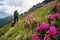 Backpacker hiking on a beautiful path with pink rhododendron flowers