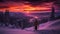 Backpacker hiking winter mountain peak at sunset generated by AI