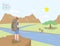 Backpacker standing on a cliff looking out to the landscape mountains view and animal. On a clear day flat vector.