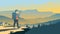 Backpacker standing on top of mountain, vector illustration