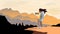 Backpacker standing on top of mountain, vector illustration