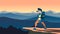 Backpacker standing on top of mountain, vector illustration