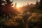 backpacker takes off on a trail, with sunrise in the background