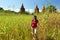 backpacker walking and looking to field to ancient buddhist stupas