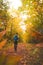 Backpacker walks through the colourful autumn forest in the Hoge Kempen National Park in eastern Belgium. Wilderness in Flanders